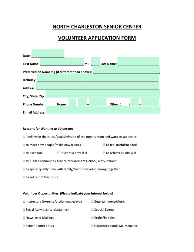North Charleston Senior Center Volunteer Application Form screenshot