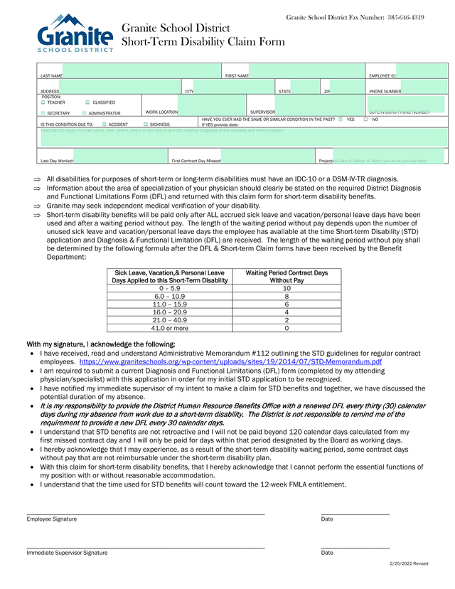 Granite School District Short Term Disability Claim Form screenshot