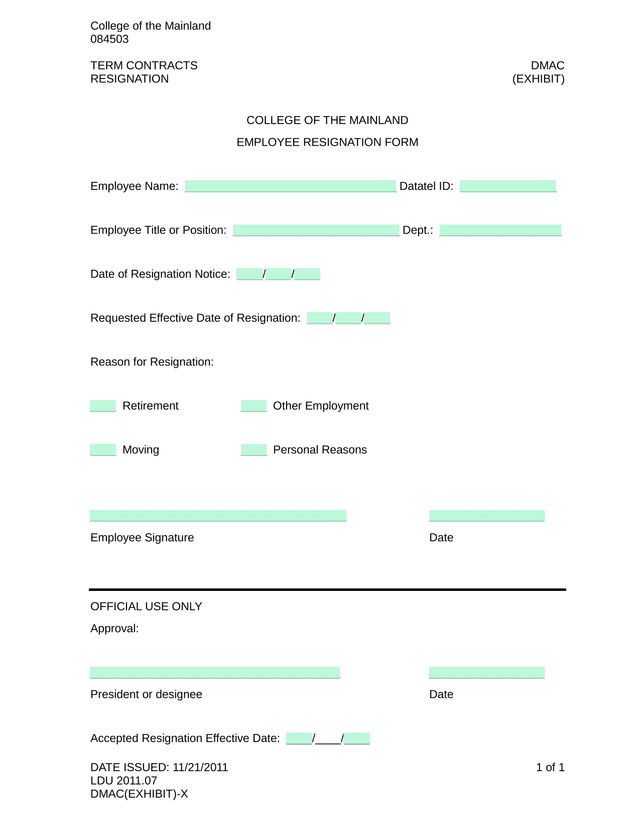 Employee Resignation Form screenshot