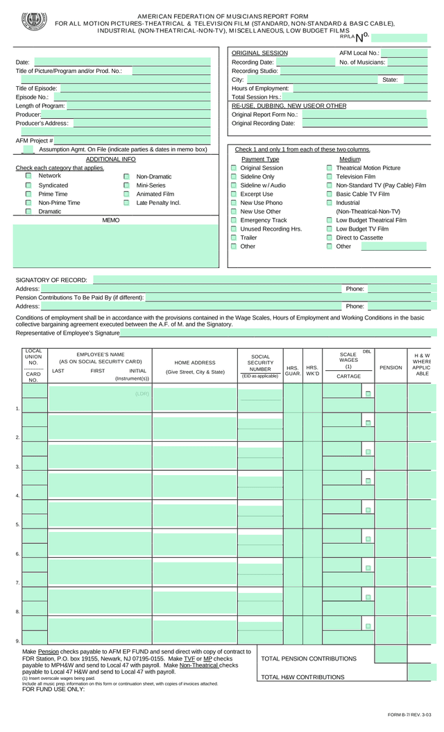 FORM B 7REV. 3 03 AMERICAN FEDERATION OF MUSICIANS REPORT FORM screenshot