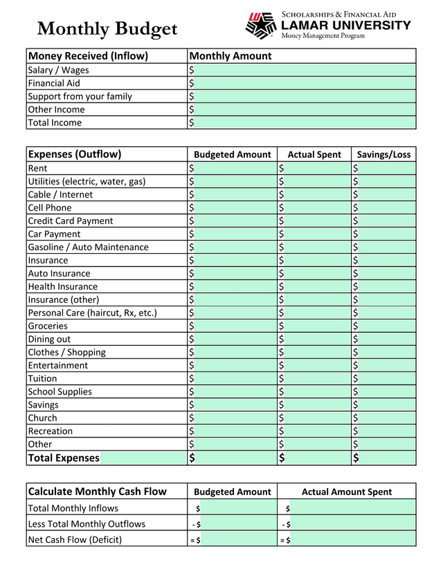 Monthly Budget Worksheet screenshot