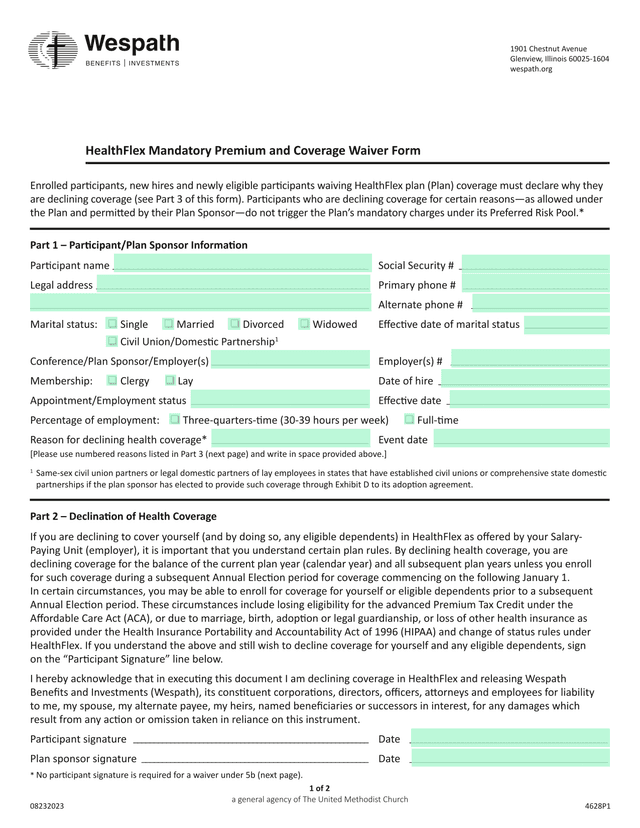 HealthFlex Mandatory Premium And Coverage Waiver Form screenshot