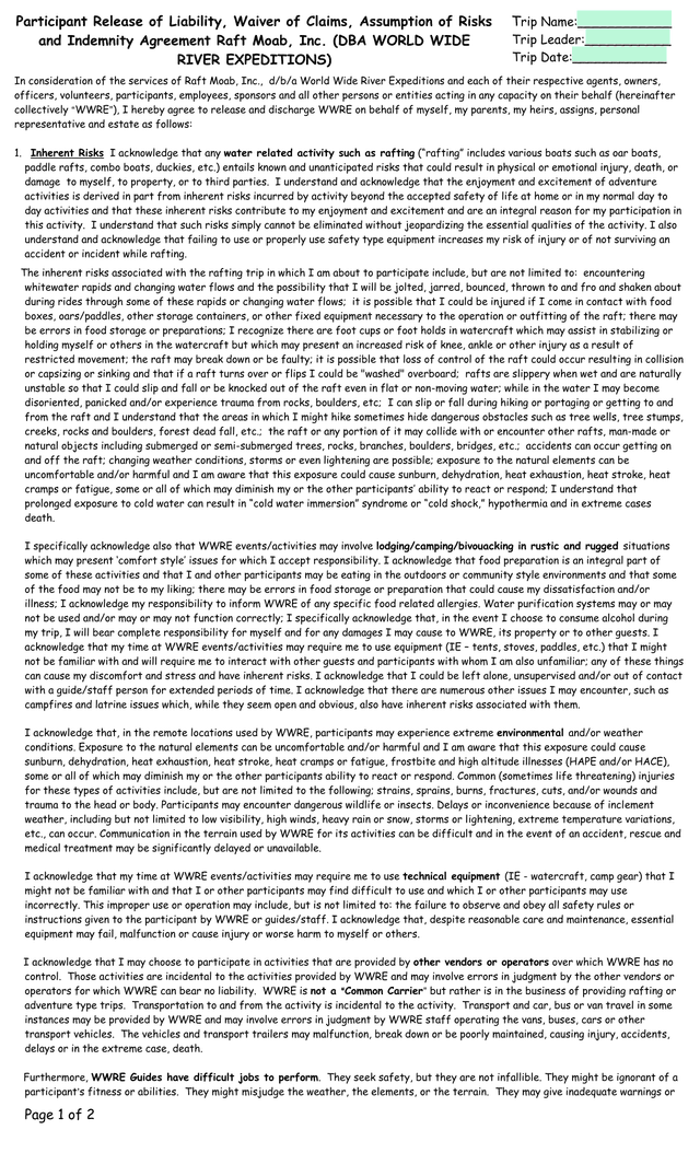 Participant Release Of Liability, Waiver Of Claims, Assumption Of Risks And Indemnity Agreement screenshot