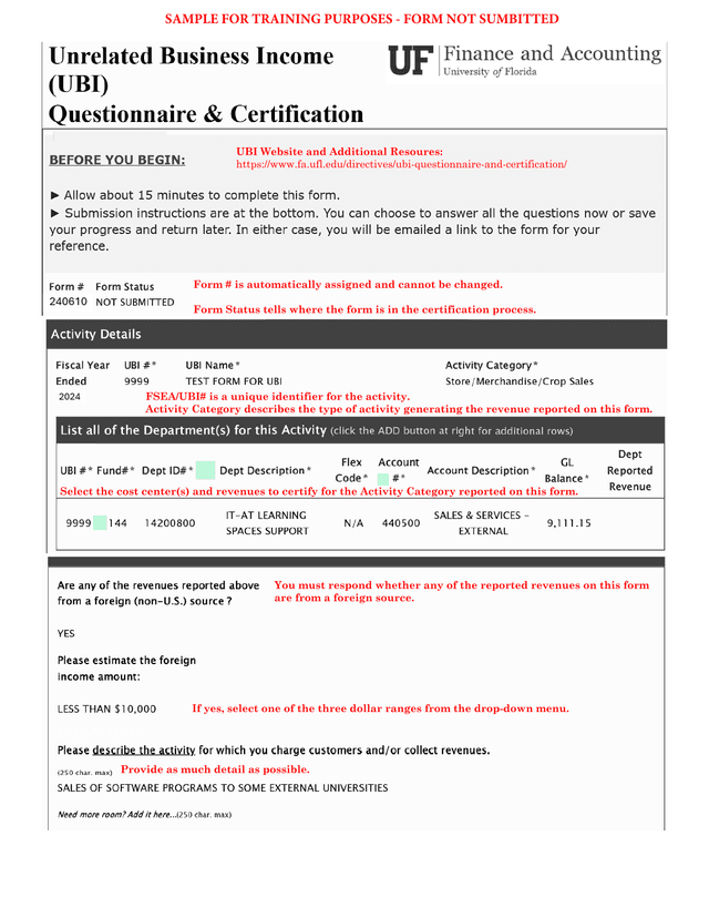 UBI Questionnaire And Certification Form screenshot