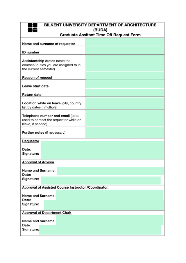 Graduate Assitant Time Off Request Form screenshot