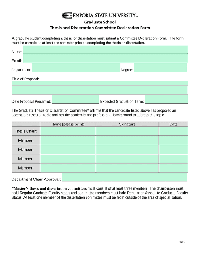 Graduate School Thesis And Dissertation Committee Declaration Form screenshot