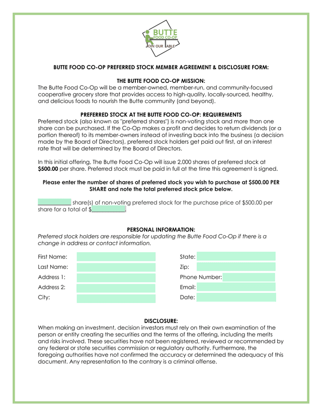 Butte Food Co Op Preferred Stock Member Agreement  Disclosure Form screenshot