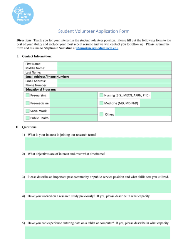 Student Volunteer Application Form screenshot