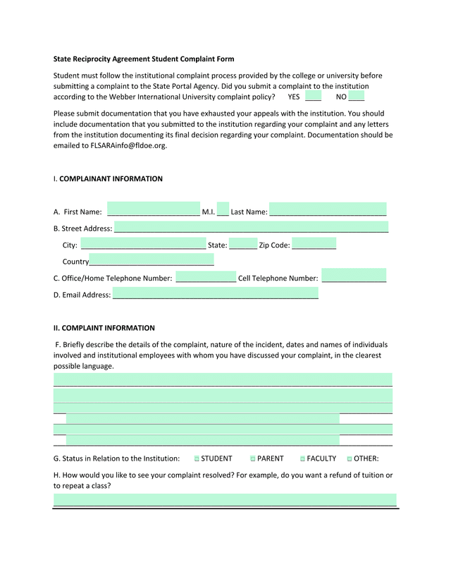 State Reciprocity Agreement Student Complaint Form screenshot