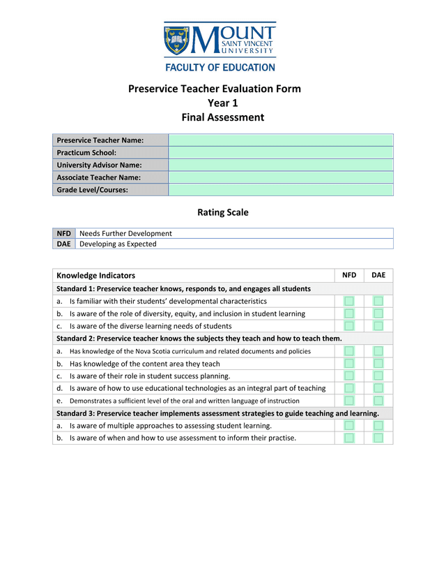 Preservice Teacher Evaluation Form screenshot