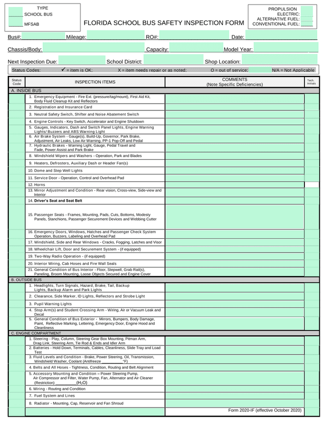 Florida School Bus Safety Inspection Form screenshot