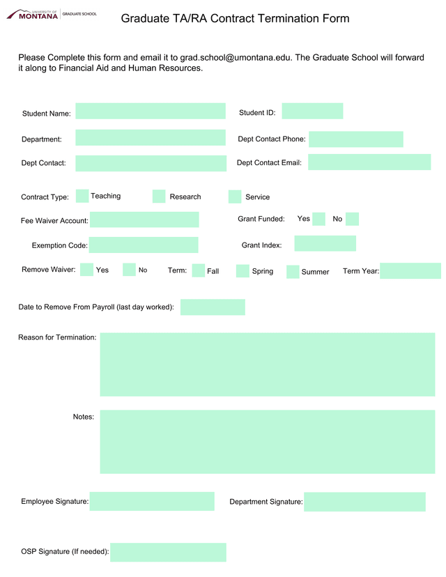 Graduate TARA Contract Termination Form screenshot