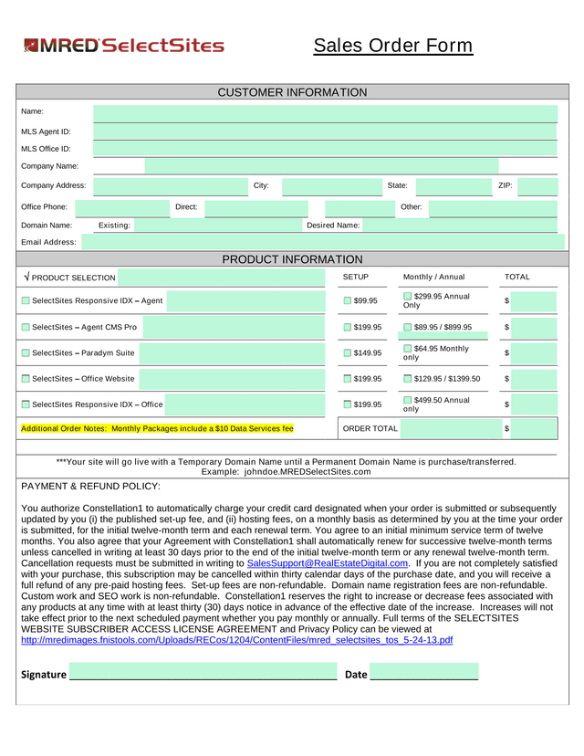 Sales Order Form screenshot