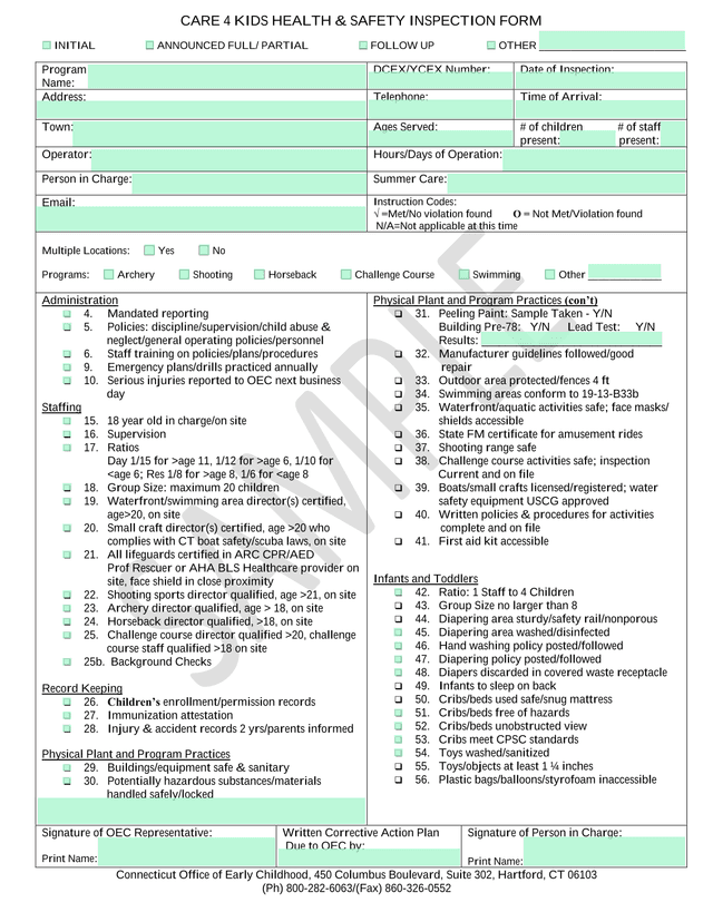 CARE 4 KIDS HEALTH  SAFETY INSPECTION FORM screenshot