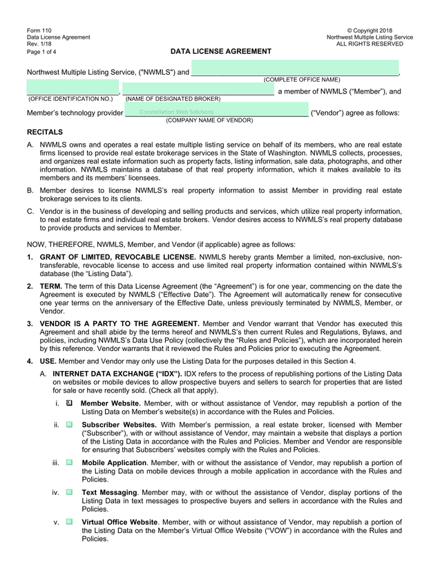 Form 110 Data License Agreement screenshot