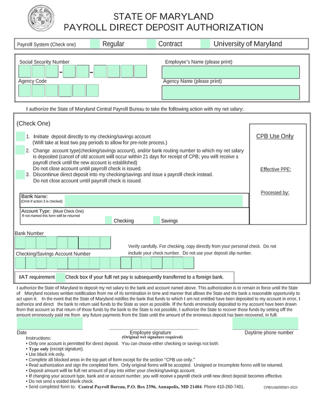 STATE OF MARYLAND PAYROLL DIRECT DEPOSIT AUTHORIZATION screenshot