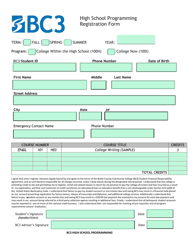 High School Programming Registration Form screenshot