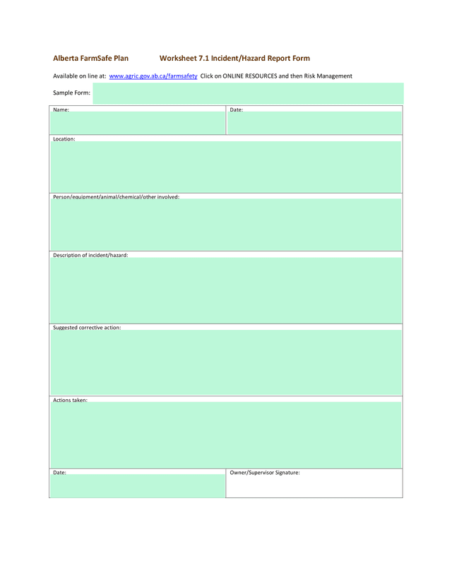 Alberta FarmSafe Plan Worksheet 7.1 IncidentHazard Report Form screenshot