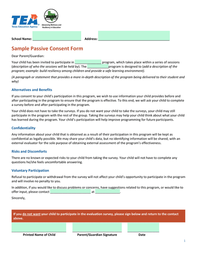 Sample Passive Consent Form screenshot
