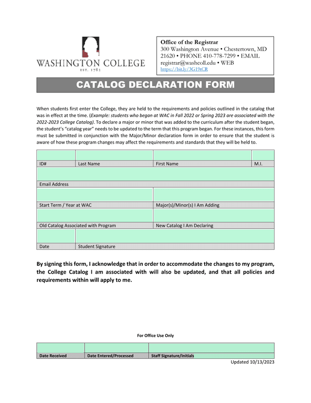 Catalog Declaration Form screenshot