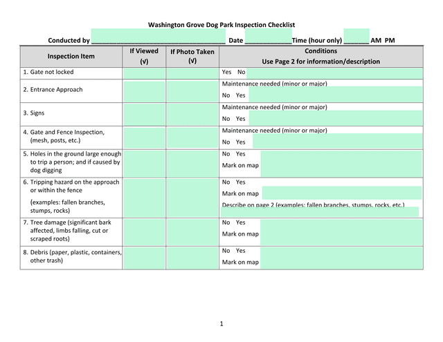 Washington Grove Dog Park Inspection Checklist screenshot