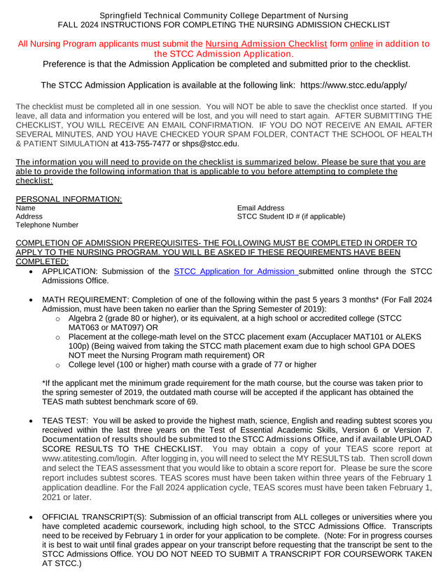 Nursing Admission Checklist Instructions   Fall 2024 screenshot