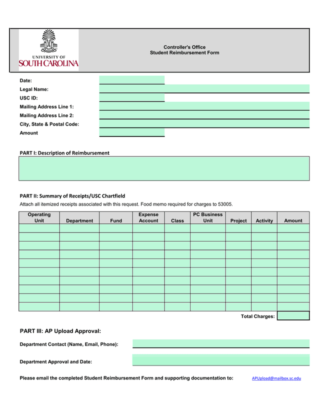 Student Reimbursement Form screenshot