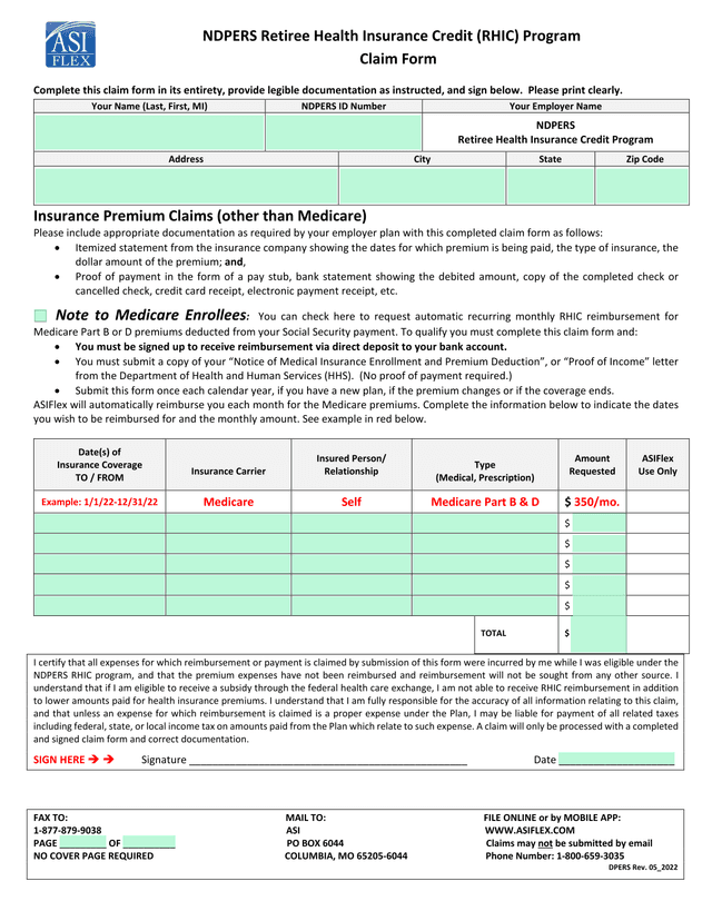 NDPERS Retiree Health Insurance Credit (RHIC) Program Claim Form screenshot