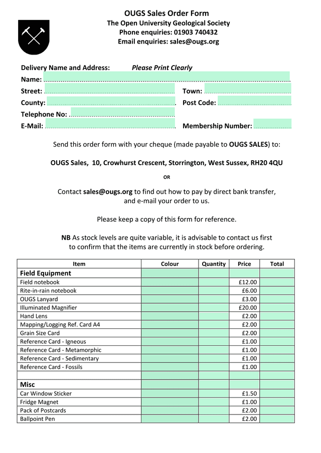 OUGS Sales Order Form screenshot