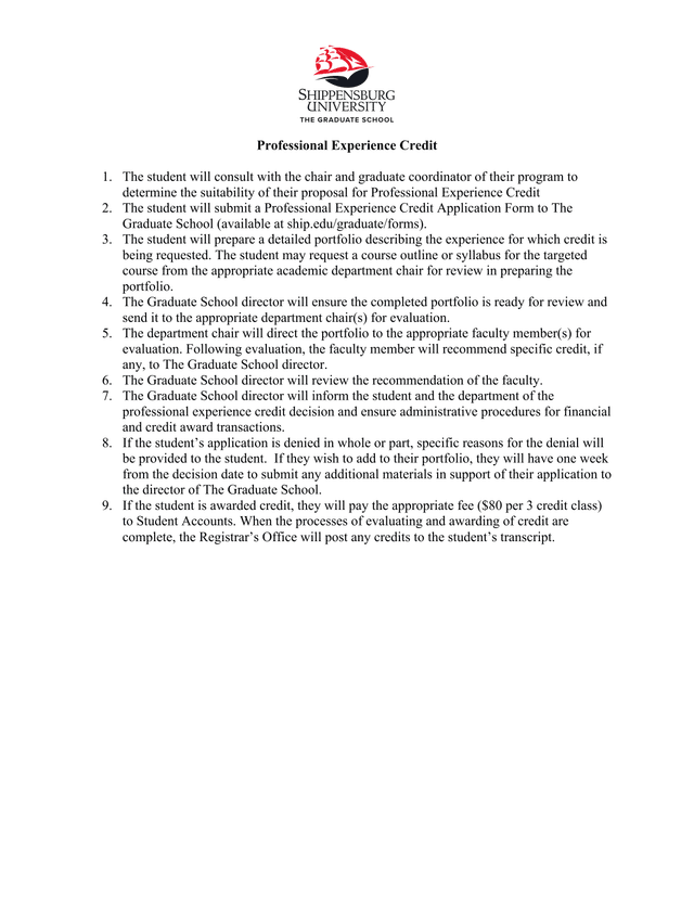 Professional Experience Credit Application screenshot