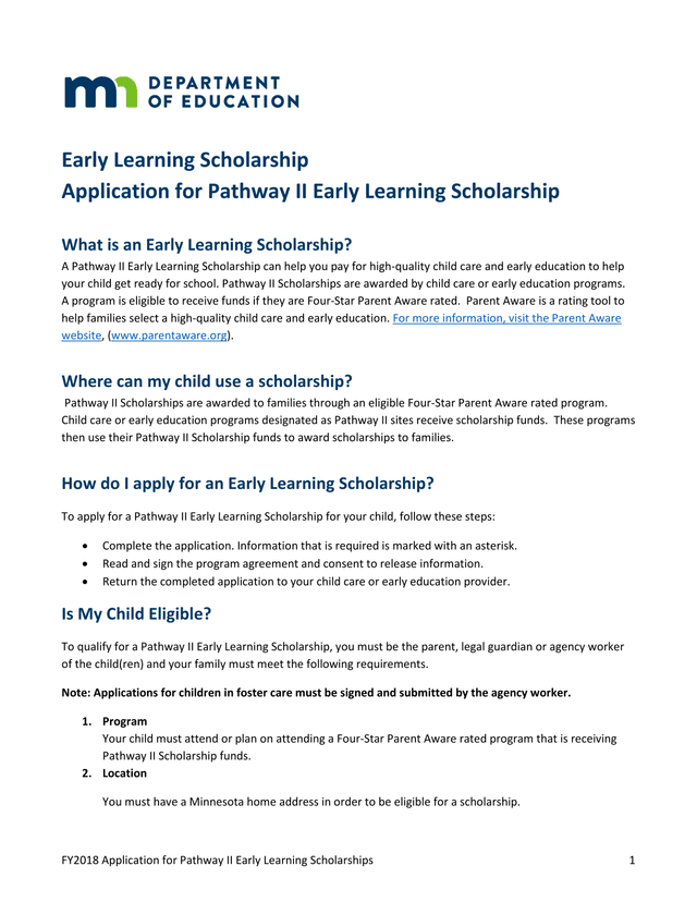 FY2018 Application For Pathway II Early Learning Scholarships screenshot