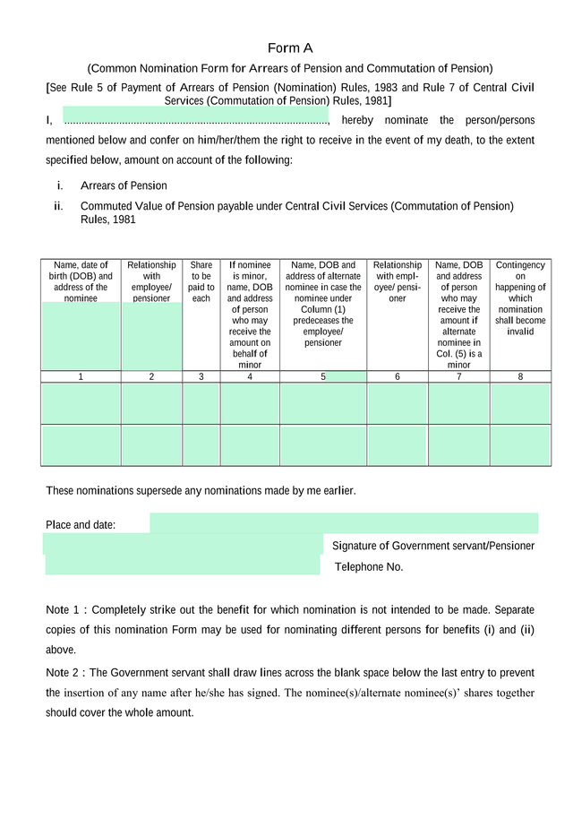 Form A (Common Nomination Form For Arrears Of Pension And Commutation Of Pension) screenshot