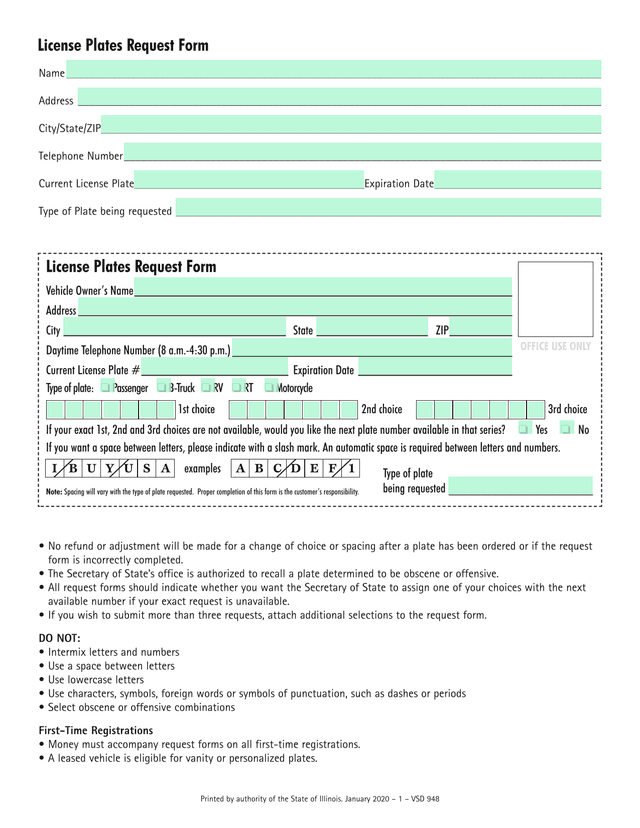 License Plates Request Form screenshot