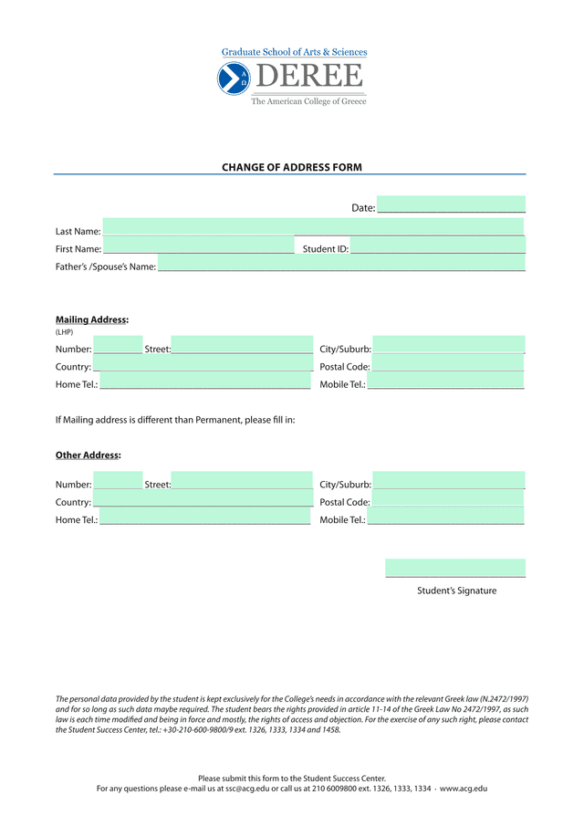 Change Of Address Form screenshot