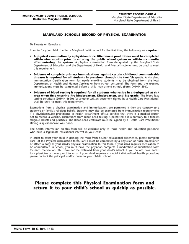 MCPS Form SR 6 Maryland Schools Record Of Physical Examination screenshot