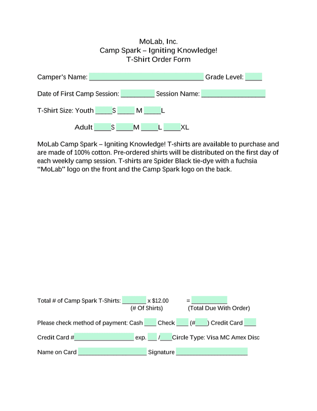 Camp Spark T Shirt Order Form screenshot