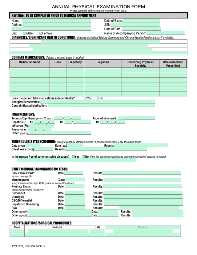 Annual Physical Examination Form screenshot