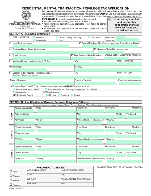 Arizona Department Of Revenue Business Registration Form screenshot