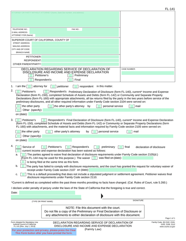 Declaration Regarding Service Of Declaration Of Disclosure And Income And Expense Declaration screenshot