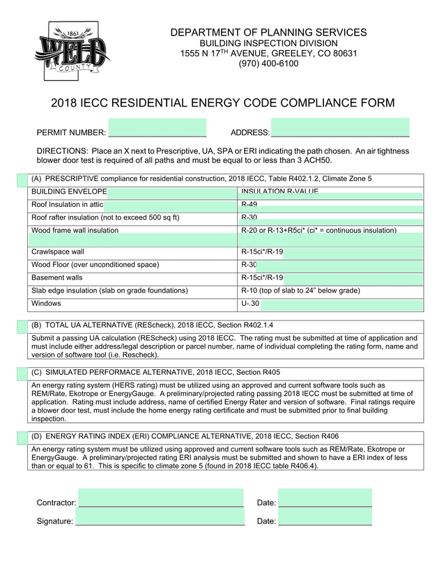 2018 IECC Residential Energy Code Compliance Form screenshot