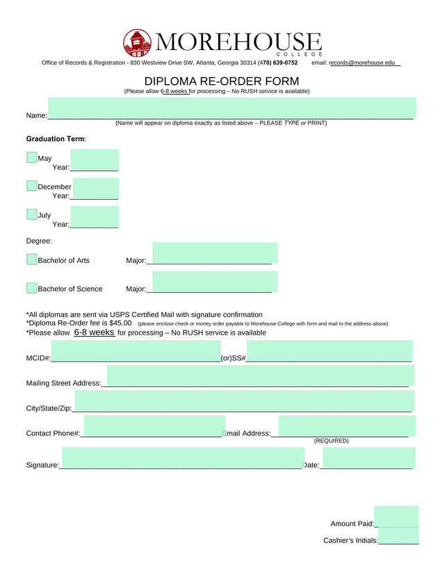 Diploma Re Order Form screenshot