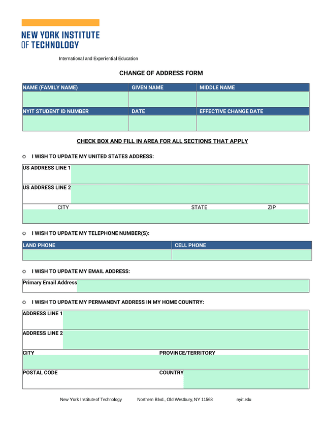 Change Of Address Form screenshot