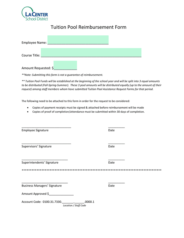 Tuition Pool Reimbursement Form screenshot
