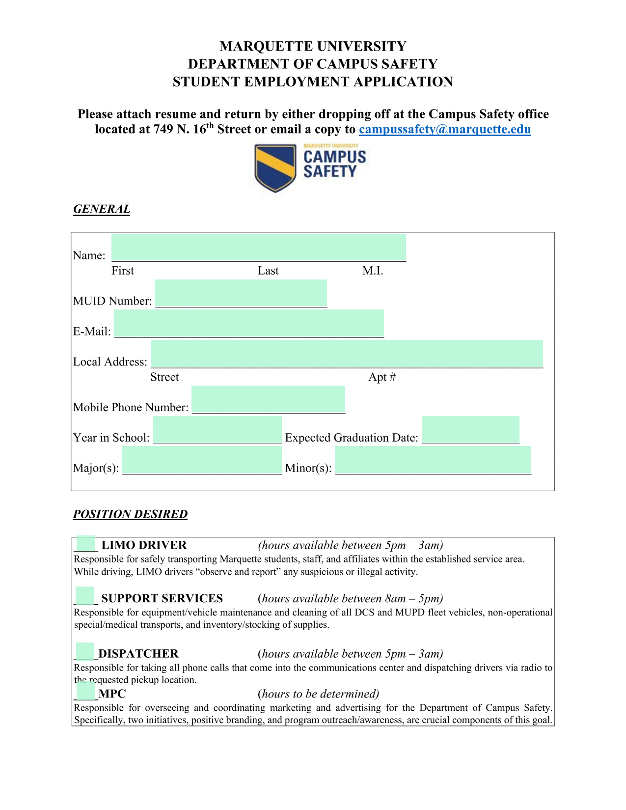 MARQUETTE UNIVERSITY DEPARTMENT OF CAMPUS SAFETY STUDENT EMPLOYMENT APPLICATION screenshot
