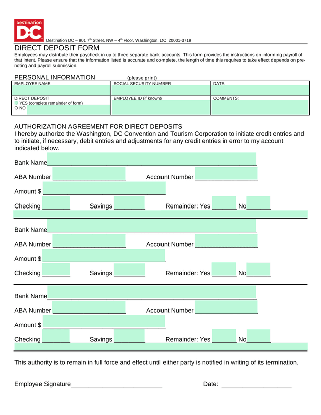 DIRECT DEPOSIT FORM screenshot