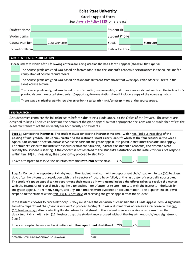Boise State University Grade Appeal Form screenshot