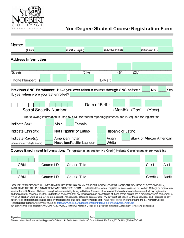 Non Degree Student Course Registration Form screenshot