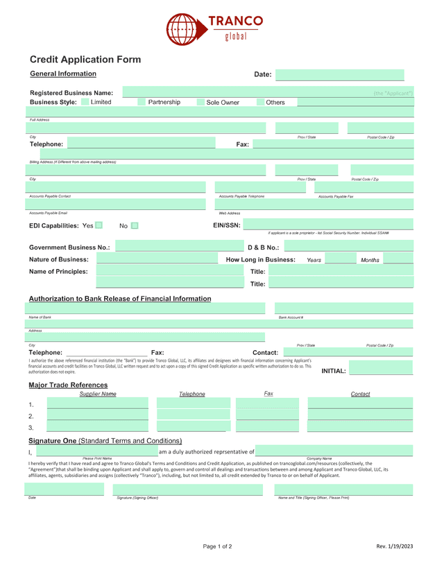 Credit Application Form screenshot