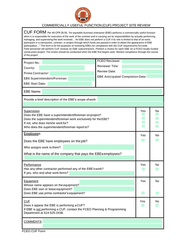 Commercially Useful Function (CUF) Project Site Review Form screenshot
