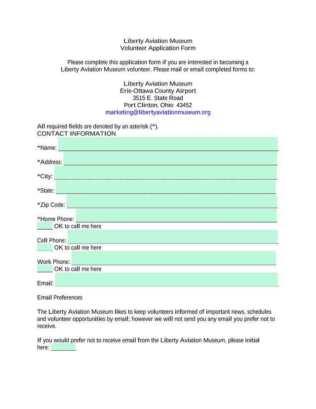 Liberty Aviation Museum Volunteer Application Form screenshot